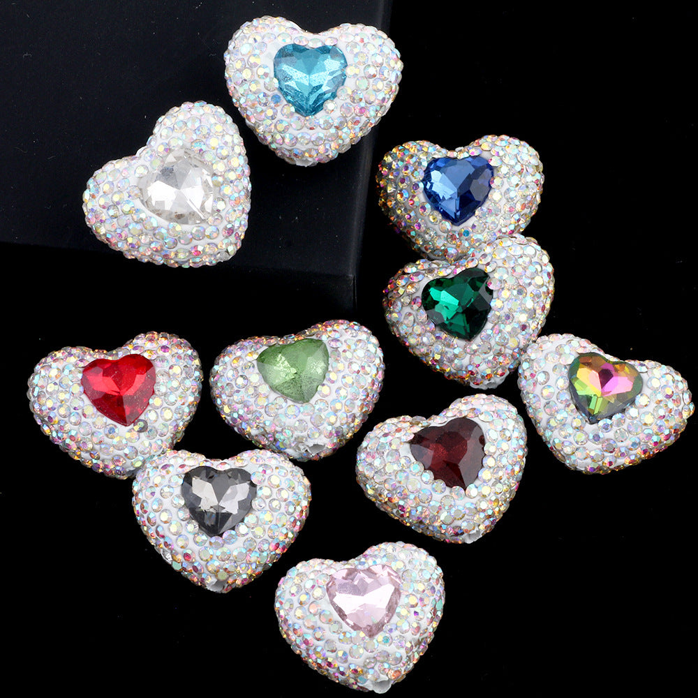 Rhinestone Heart Clay Beads 24mm White Sparkling Center 6pcs