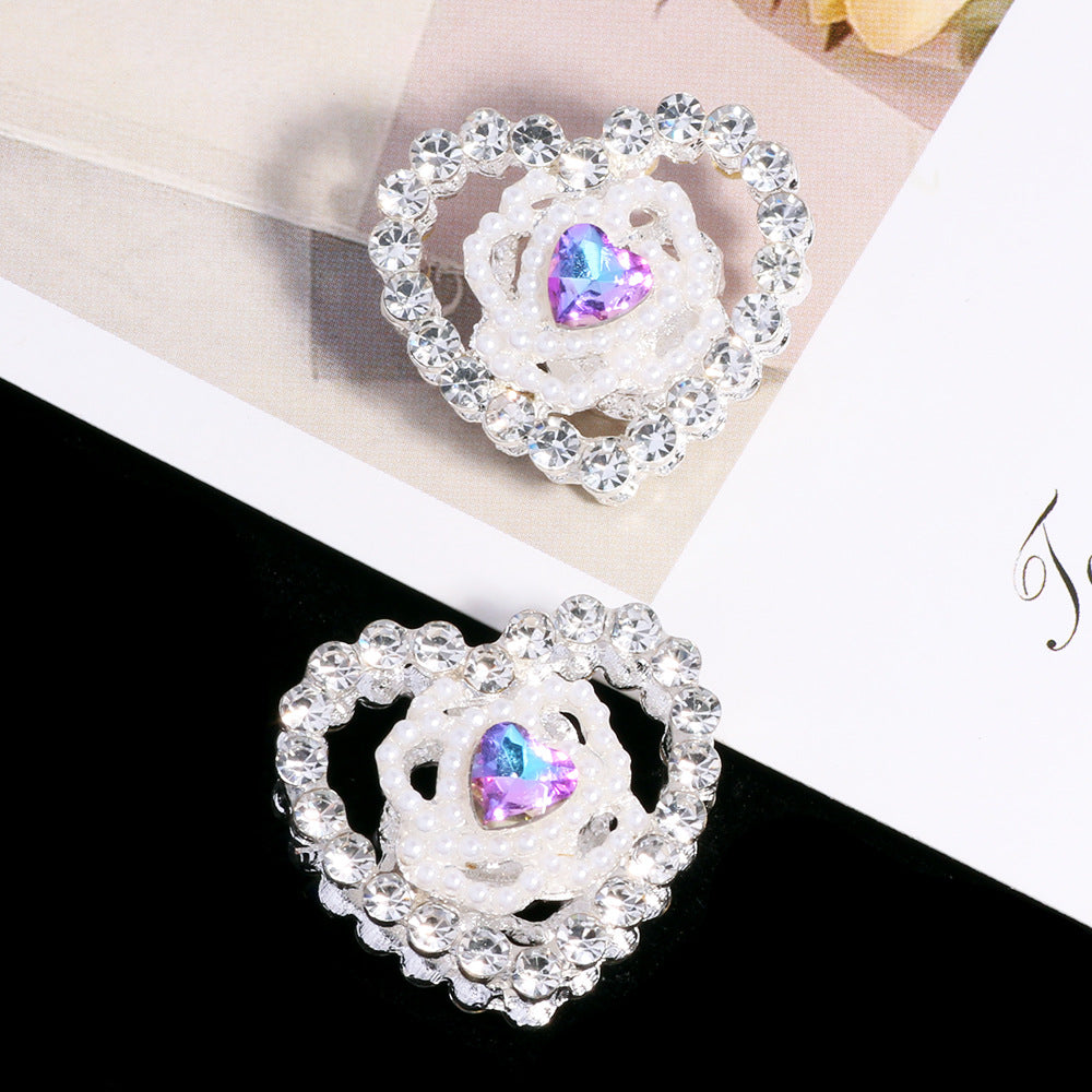 Hollow Floral Heart Rhinestone Beads 25mm Alloy Base 3pcs 4