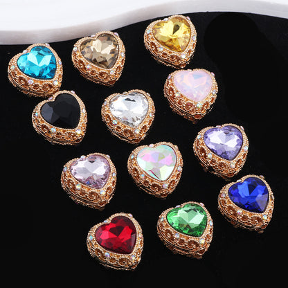 Double-Sided Heart Rhinestone Beads 22mm Alloy Encrusted 10pcs