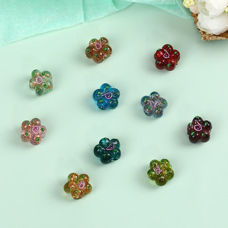 Lampwork Glass Beads Five Petal Flower 14mm Vintage Foil Filled 10pcs