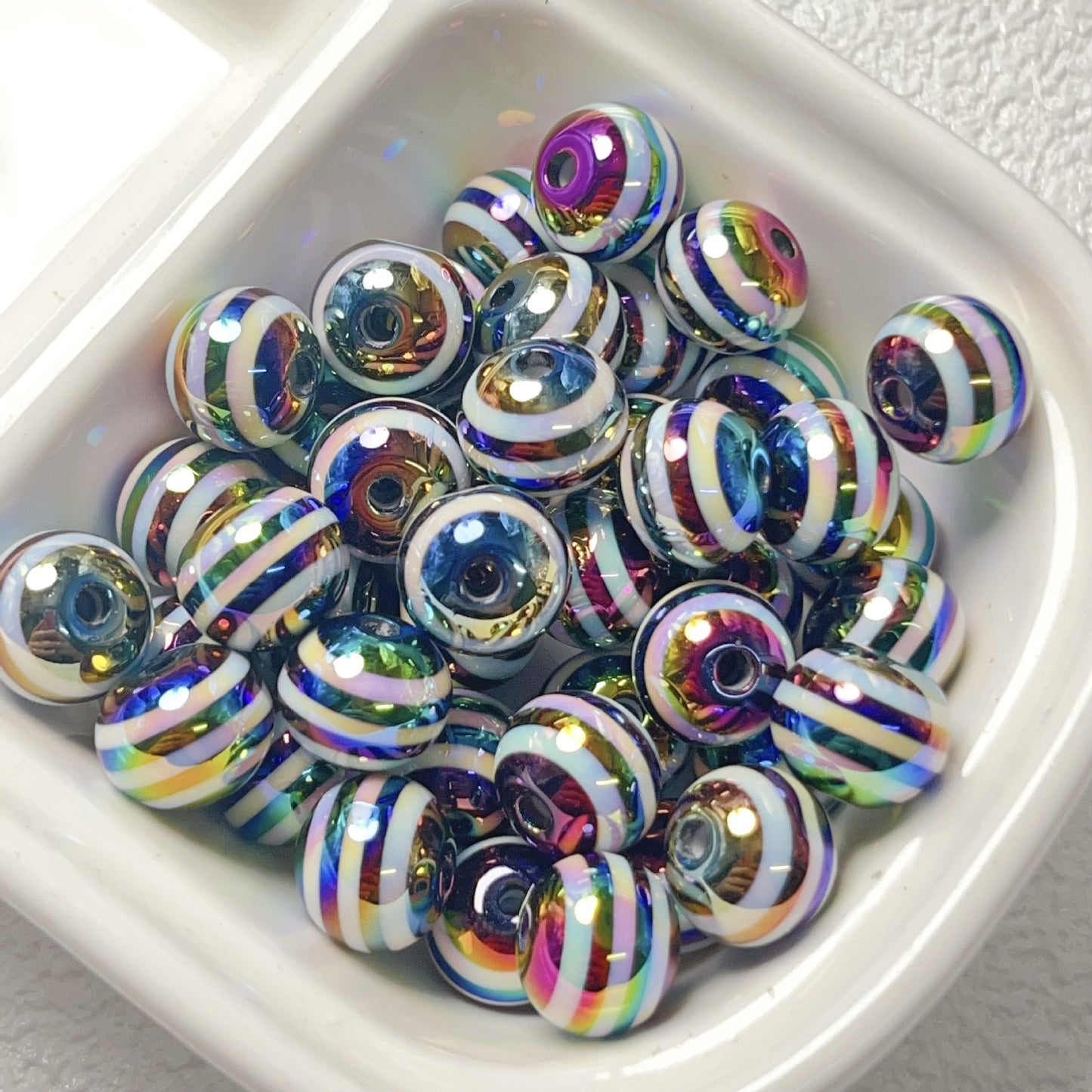 UV Plating Striped Resin Beads 11mm Glossy Round 20pcs 14