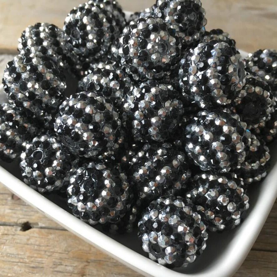 Rhinestone Bubblegum Beads 16-22mm Black Silver Striped Resin 5pcs