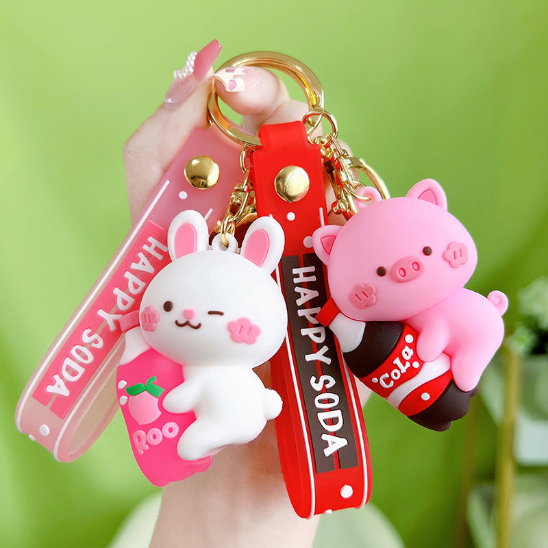 PVC Animal Cartoon Piglet Keychain with Soda Bottle Red Pink 2