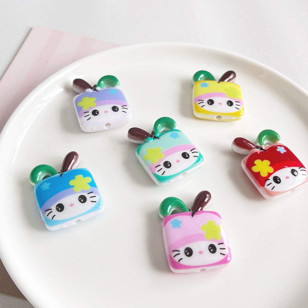 Painted KT Kitten Apple Acrylic Beads 32mm Colorful Mixed 50pcs 3