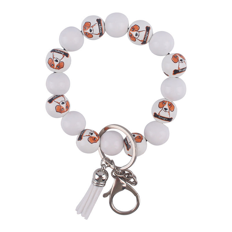 Wooden Dog Silicone Bead Tassel Wristlet Keychain Pomeranian Husky Beagle Bulldog 9