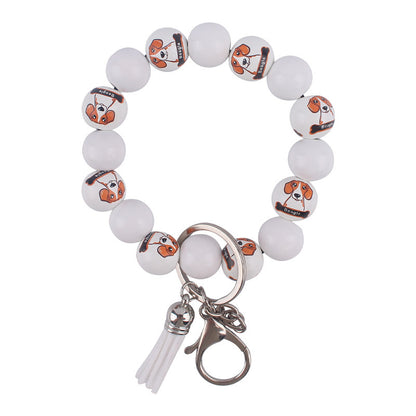 Wooden Dog Silicone Bead Tassel Wristlet Keychain Pomeranian Husky Beagle Bulldog 9