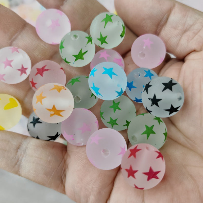 Matte Star Acrylic Beads 16mm Printed Round Mixed Colors 100pcs