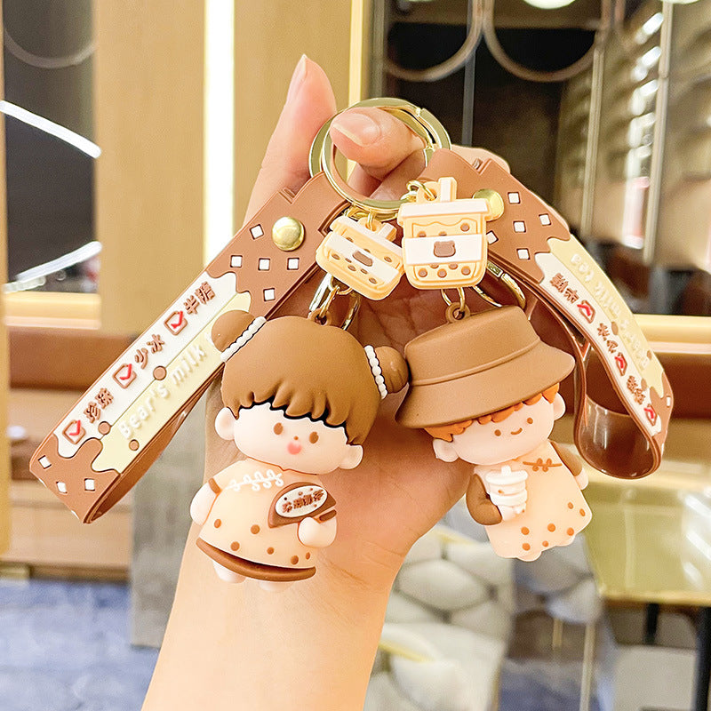Silicone Cartoon Couple Keychain Bubble Tea Bear Charm with Strap 2