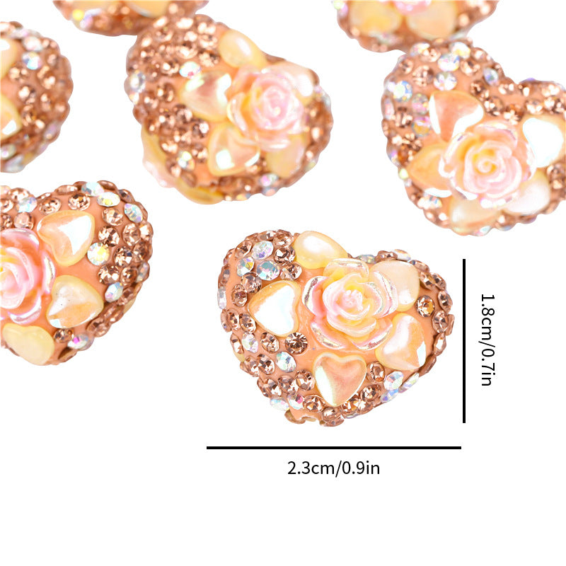 Rhinestone Heart Clay Beads 23mm Peach Blossoming Rose 10pcs 5