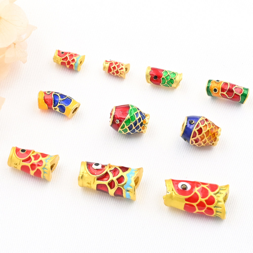 Brass Tube Metal Beads Colorful Koi Fish Enamel 10pcs 3