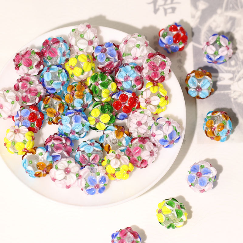 Lampwork Glass Beads Handmade Flower Ball 15mm Multicolor 10pcs