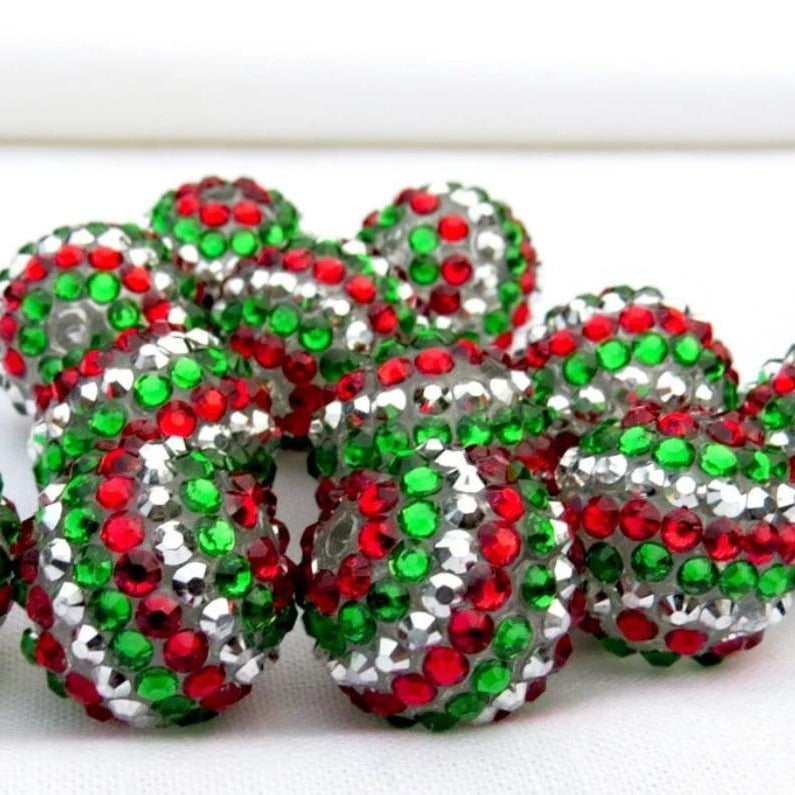 Rhinestone Bubblegum Beads 16-22mm Christmas Red Green White Striped 5pcs