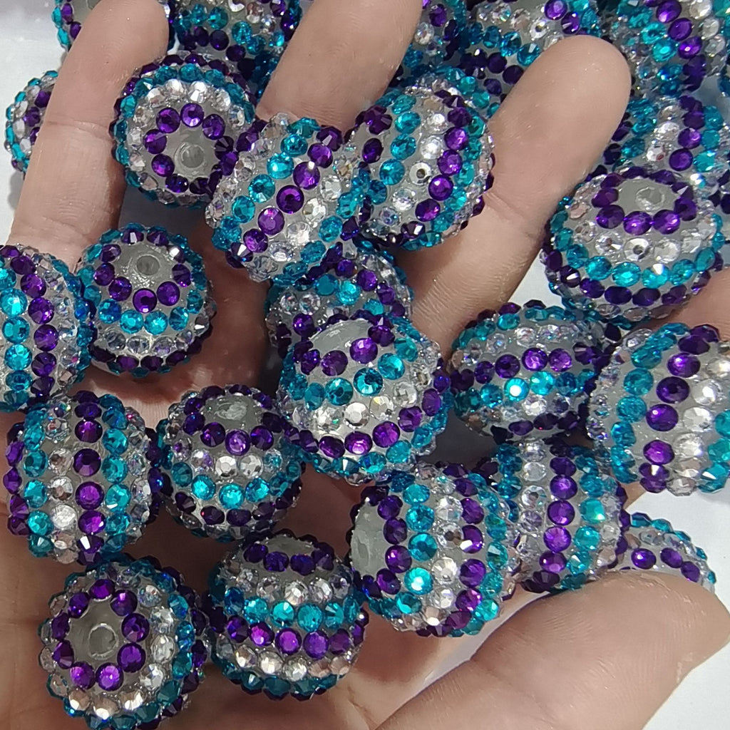 Striped Bubblegum Beads 16-22mm Blue Purple White Rhinestone 5pcs