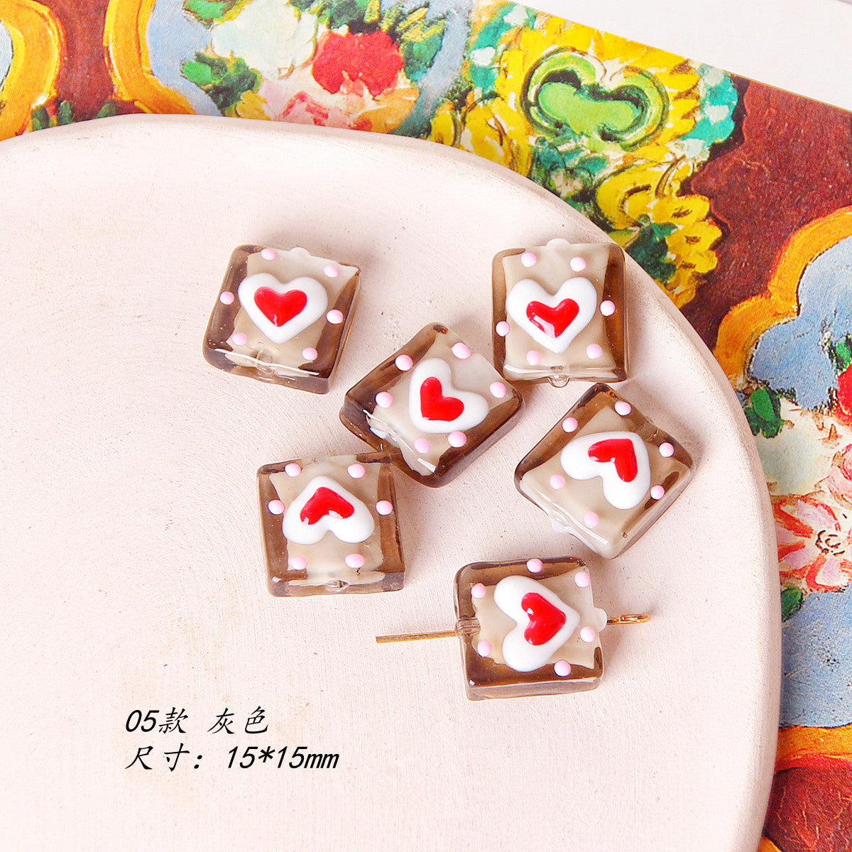 Lampwork Glass Beads Square 15mm Hand Painted Dotted Heart 10pcs 10