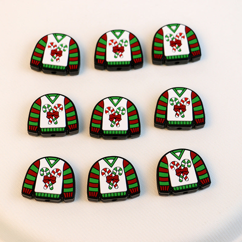 Silicone Focal Beads Christmas Sweater Candy Cane Detail 20pcs 3