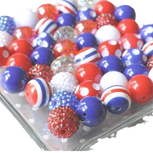 Bubblegum Beads 20mm Red White Blue Glitter Patriotic Chunky Mix 50pcs 3