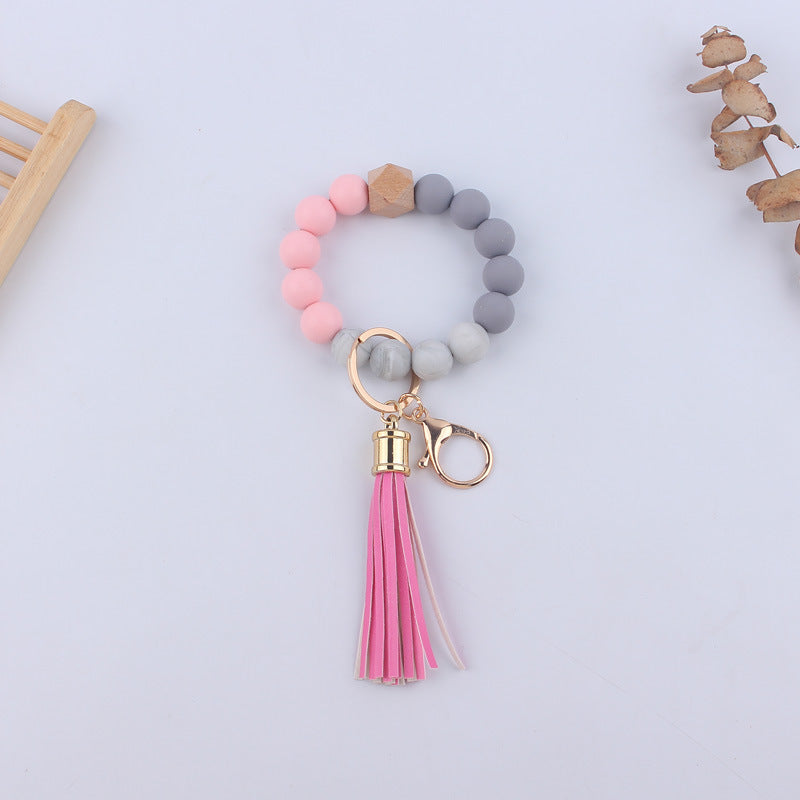 Leopard Print Silicone Bead Tassel Wristlet Keychain 9