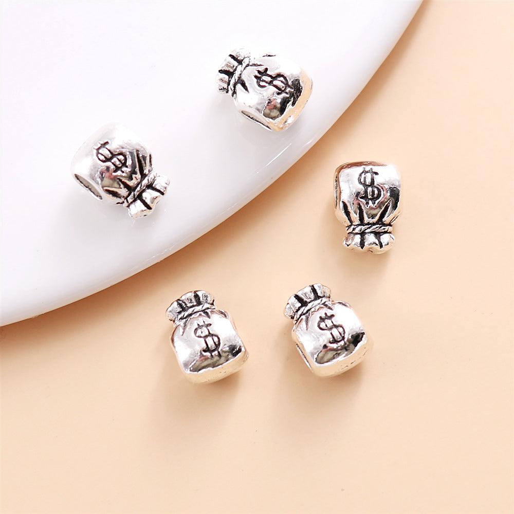 Money Bag and Dollar Sign Metal Beads 12mm Silver Tone Large Hole 30pcs 6