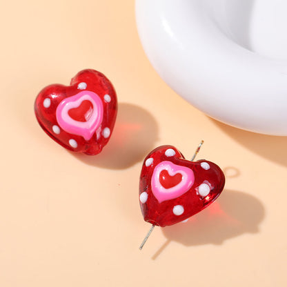 Hand Painted Heart Glass Beads 20mm Red Enamel 2pcs 10