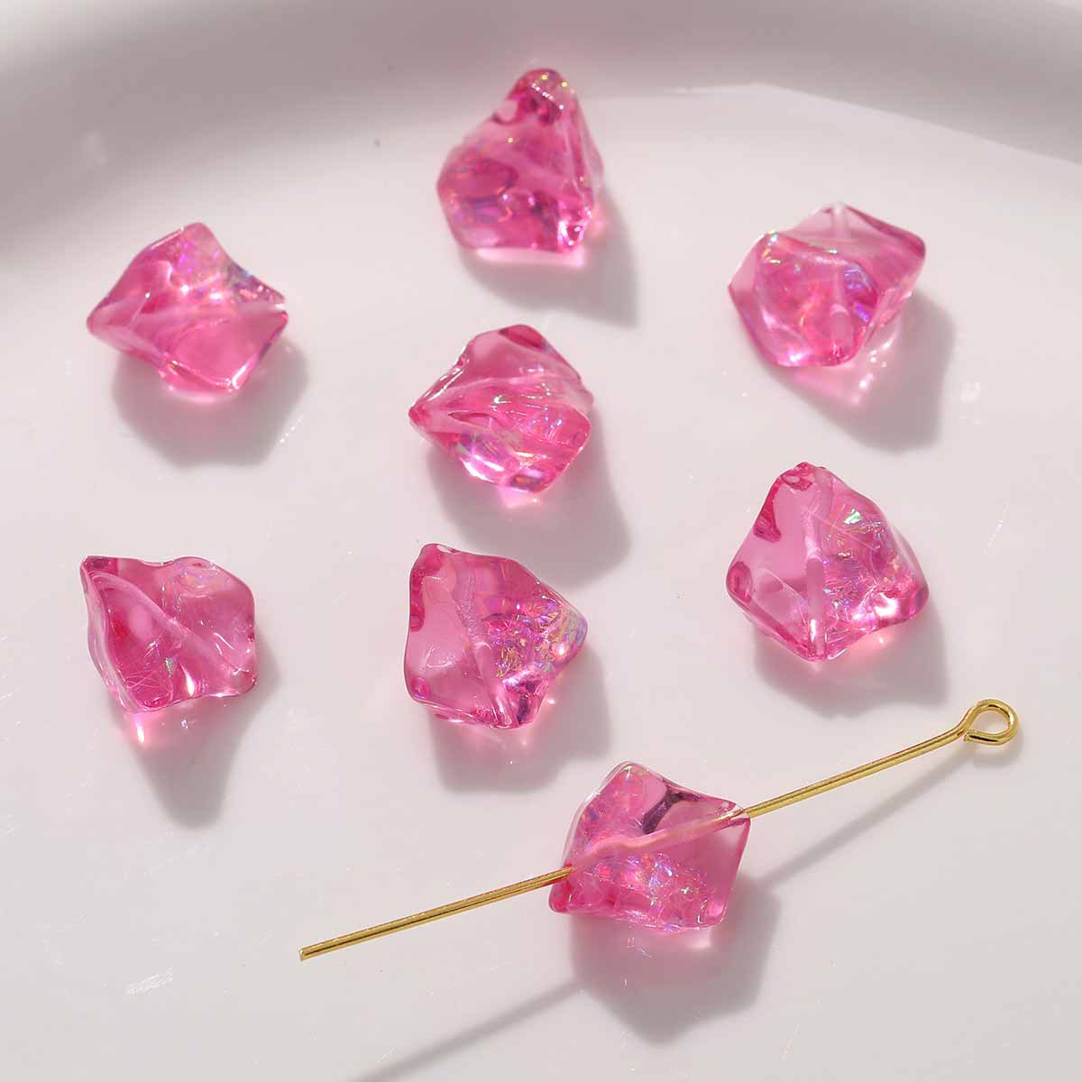 UV Plating Irregular Ice Cube Acrylic Beads 14mm Pink 10pcs 7