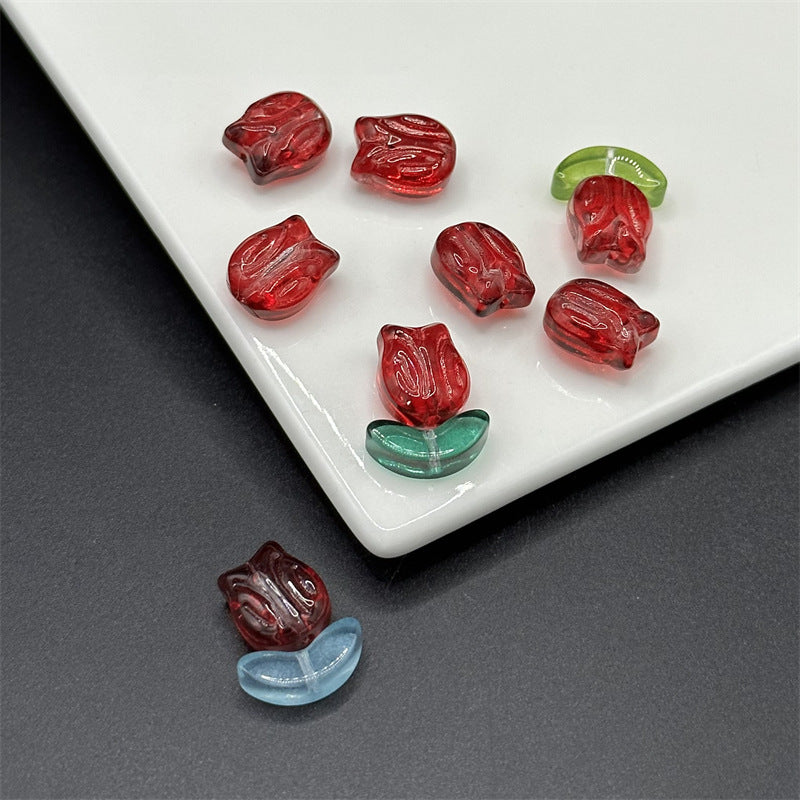 Tulip Transparent Glass Beads 12mm Pink Green Floral 100pcs 8