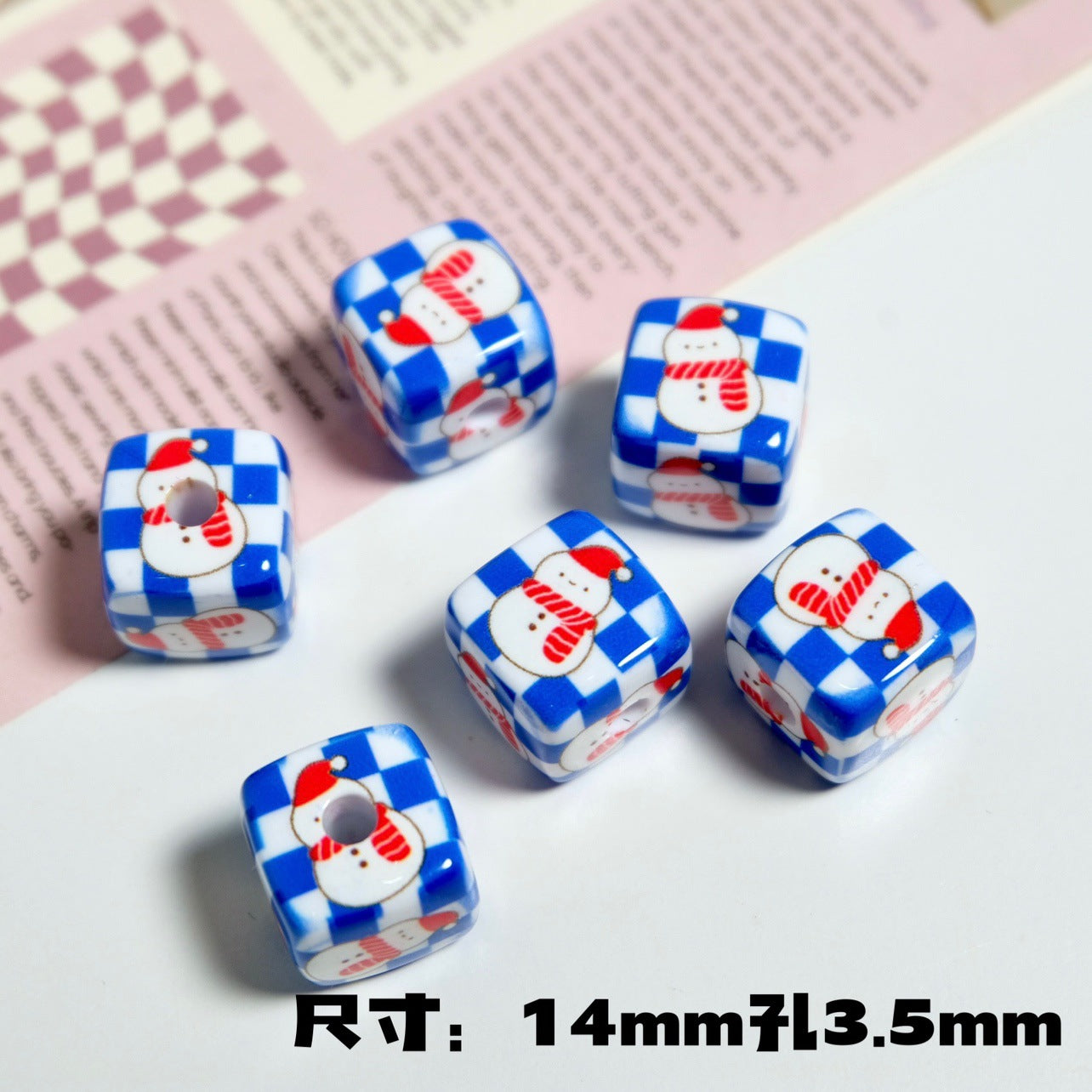 Christmas Square Acrylic Beads 14mm Colorful Printed 10pcs 13