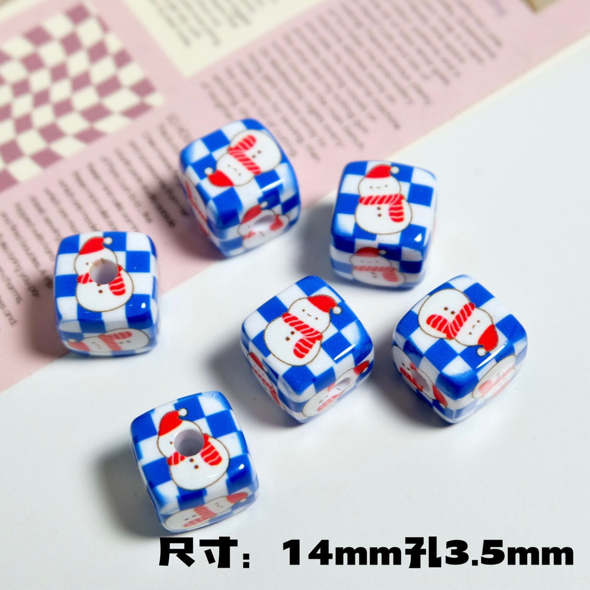 Christmas Square Acrylic Beads 14mm Colorful Printed 10pcs 13