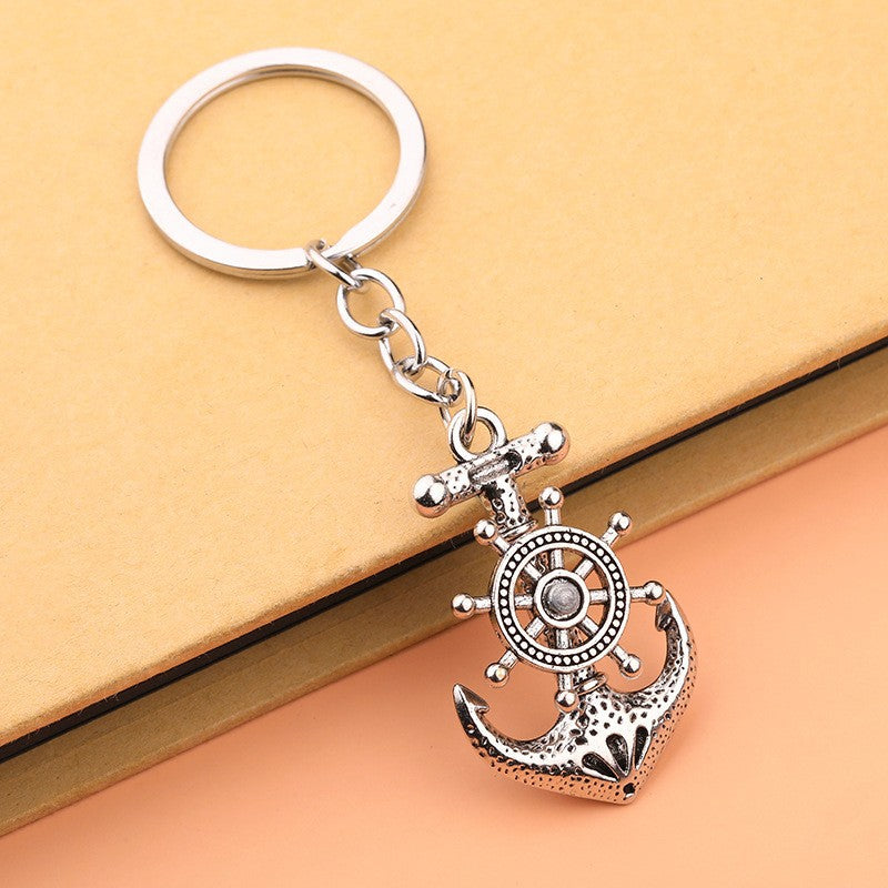 Vintage Pirate Ship Keychain Alloy Anchor and Ship Wheel Nautical Charm 3