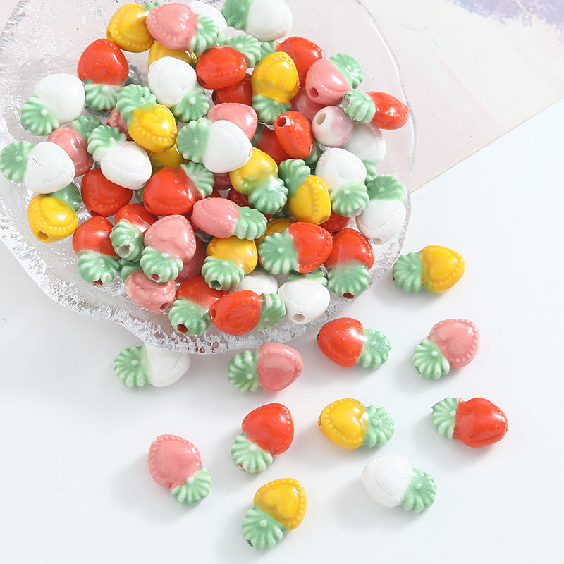 Hand Painted Heart Pineapple Ceramic Beads 15mm Glossy Pastel 10pcs 4
