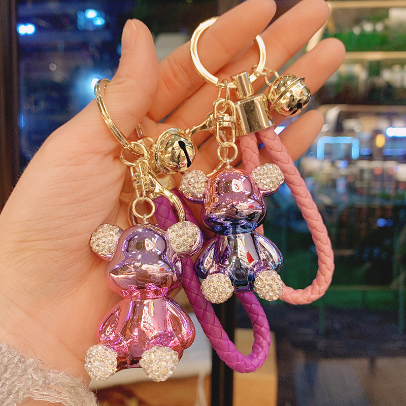 Acrylic Electroplated Bear Keychain with Braided Strap and Crystal Accents 3