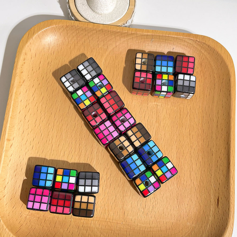 Rubik's Cube Printed Acrylic Square Beads 14mm Colorful Glossy 100pcs 2