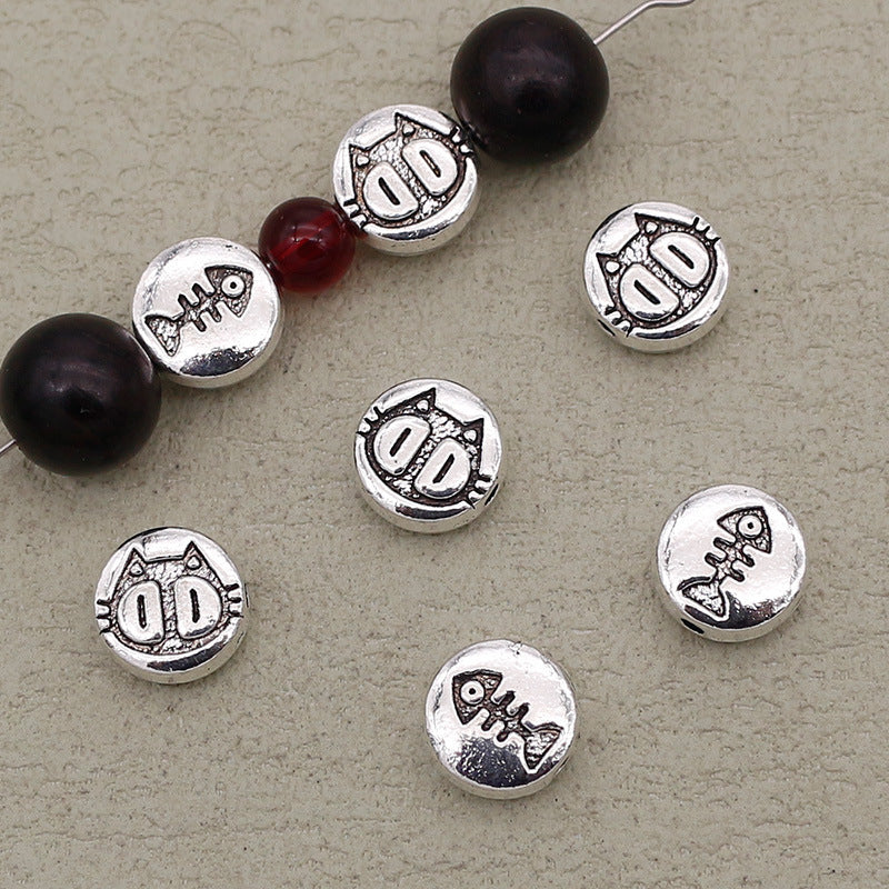 Flat Metal Beads 10mm Double Sided Kitten Fish Bone Engraving 40pcs