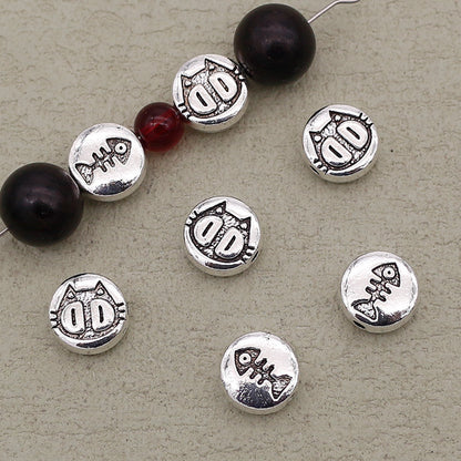 Flat Metal Beads 10mm Double Sided Kitten Fish Bone Engraving 40pcs