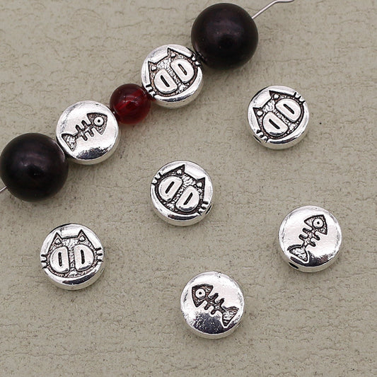 Flat Metal Beads 10mm Double Sided Kitten Fish Bone Engraving 40pcs