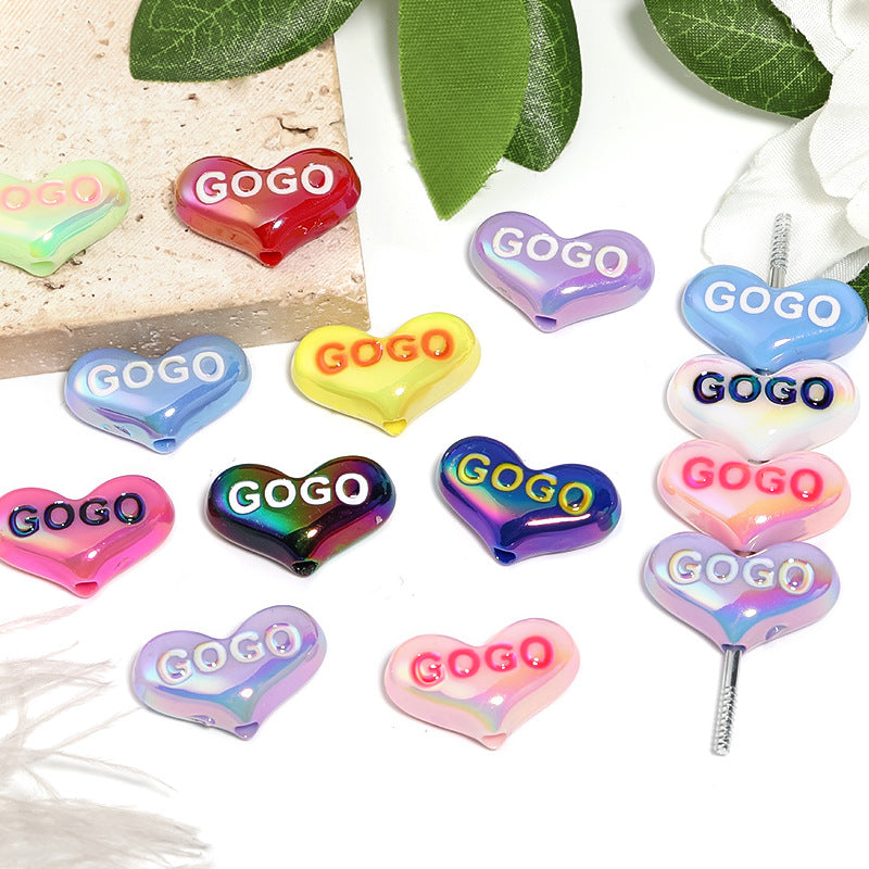 UV Plating Heart Acrylic Beads 14x23mm GOGO Printed Glossy 50pcs 4