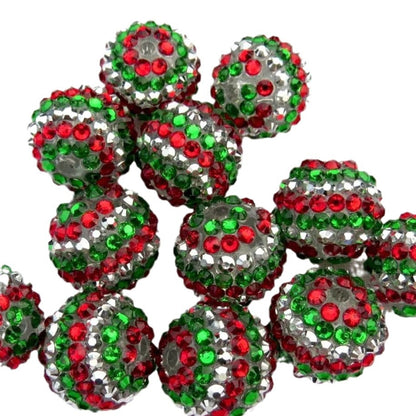 Rhinestone Bubblegum Beads 16-22mm Christmas Red Green White Striped 5pcs 2