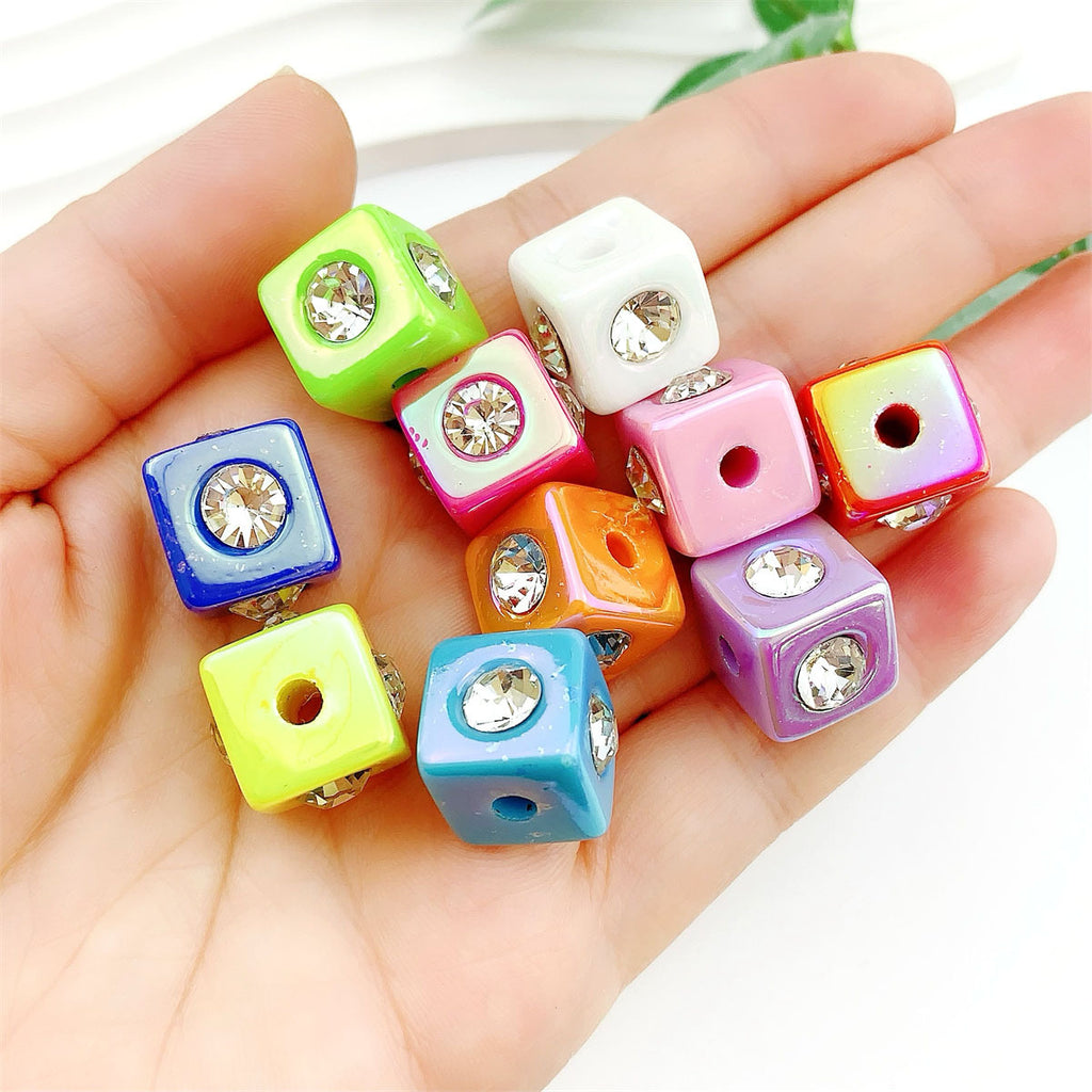 UV Plating Square Acrylic Beads 16mm Solid Color Rhinestone Embedded 20pcs 6