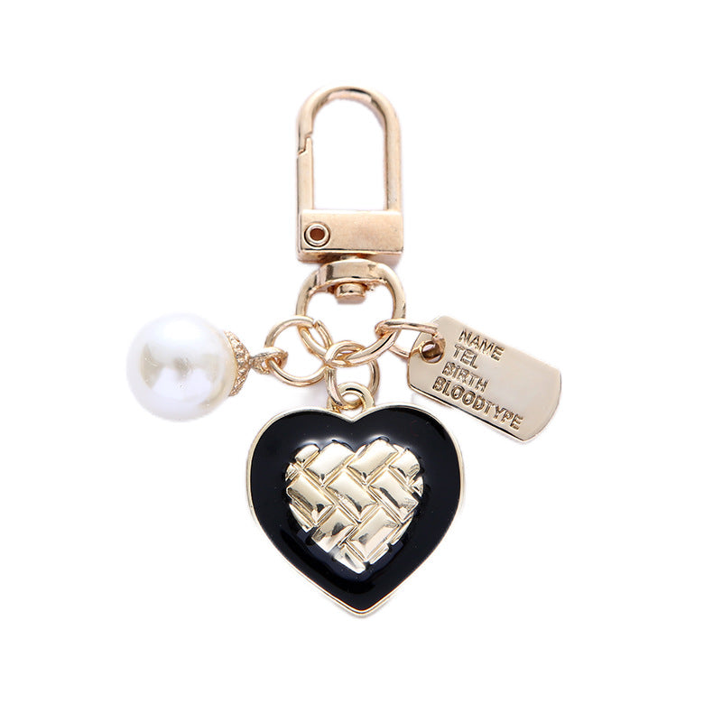 Metal Alloy Heart Keychain Enamel Finish Woven Gold Tone Pearl Detail 5