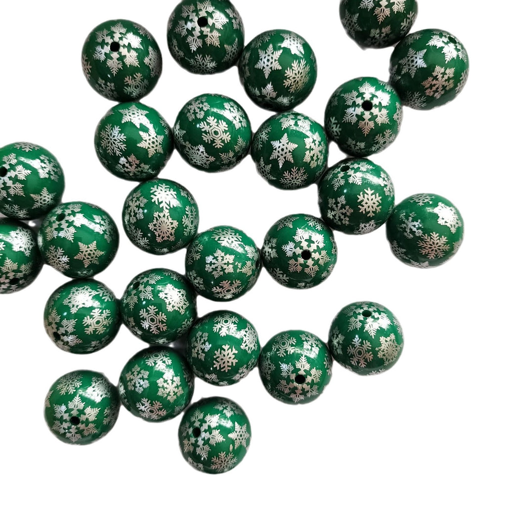 Printed Bubblegum Beads 20mm Deep Green Snowflake Glossy 5pcs 4