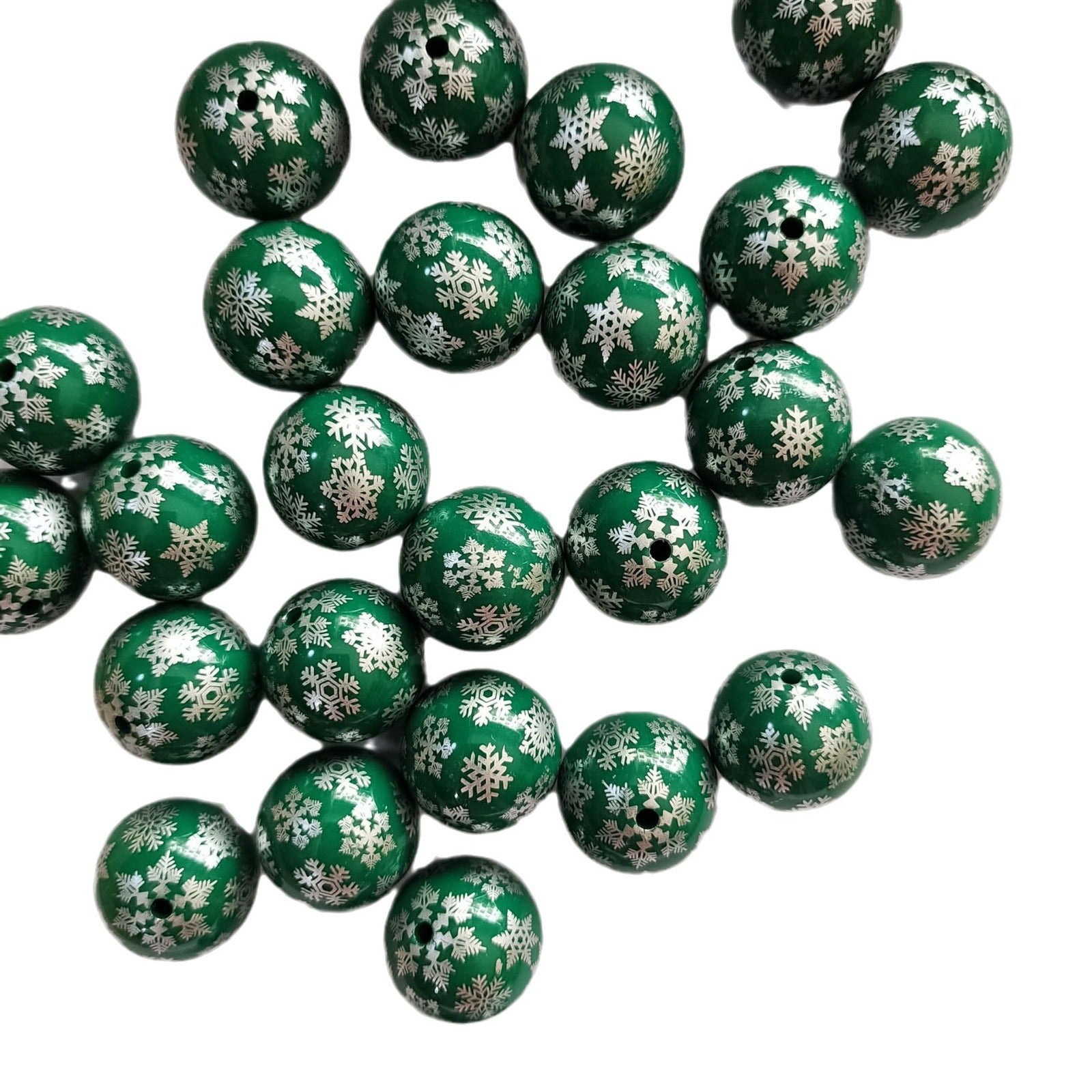 Printed Bubblegum Beads 20mm Deep Green Snowflake Glossy 5pcs 4