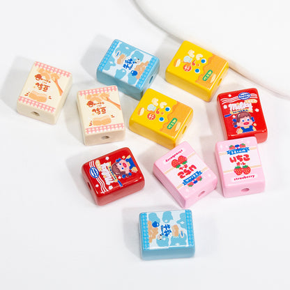 Painted Square Acrylic Beads 20mm Cartoon Snack Box 10pcs 3