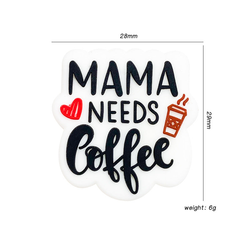 Silicone Focal Beads Mama Needs Coffee Letters Printed Red Heart 20pcs