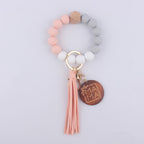 Silicone Bead Wristlet Keychain with Wood Tag and Leather Tassel MAMA 6