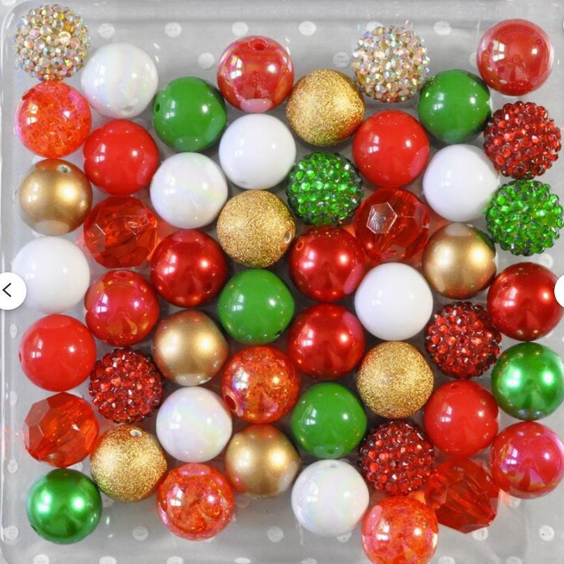 Bubblegum Beads 20mm Christmas Red Green Gold White Chunky Mix 50pcs