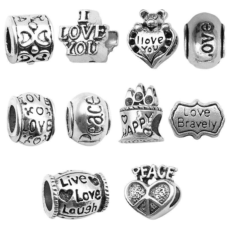 Heart Metal Beads Large Hole Antique Silver Tone 50pcs 5