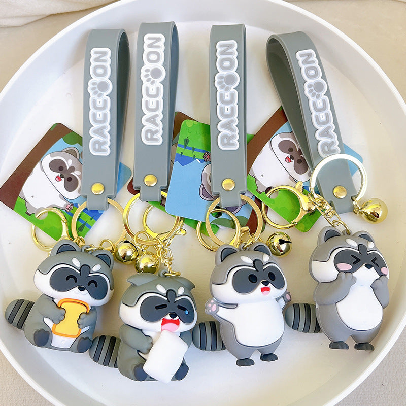 PVC Cute Raccoon Keychain Gray Soft Tone With Jingle Bell 3