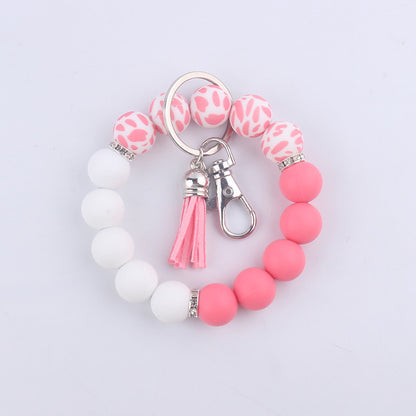 Tassel Leopard Print Silicone Bead Wristlet Keychain Soft Matte 7