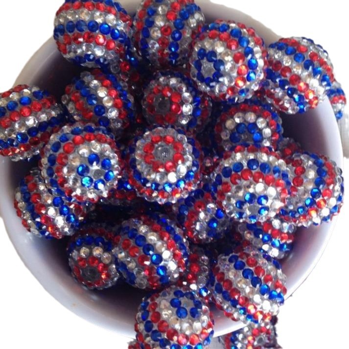 Rhinestone Bubblegum Beads 16-22mm Patriotic Striped Red White Blue 5pcs 2