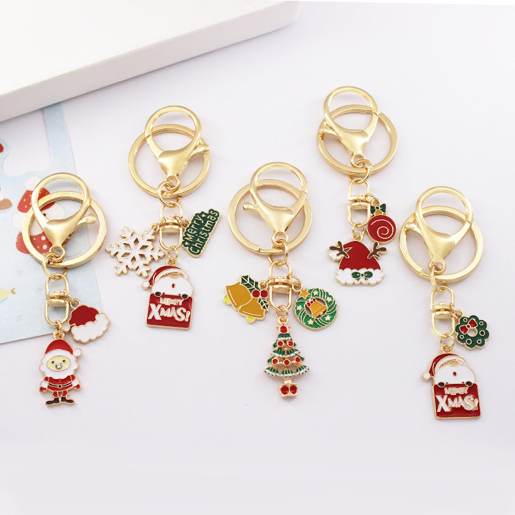 Alloy Christmas Santa Claus Snowflake Keychain Polished Gold Tone
