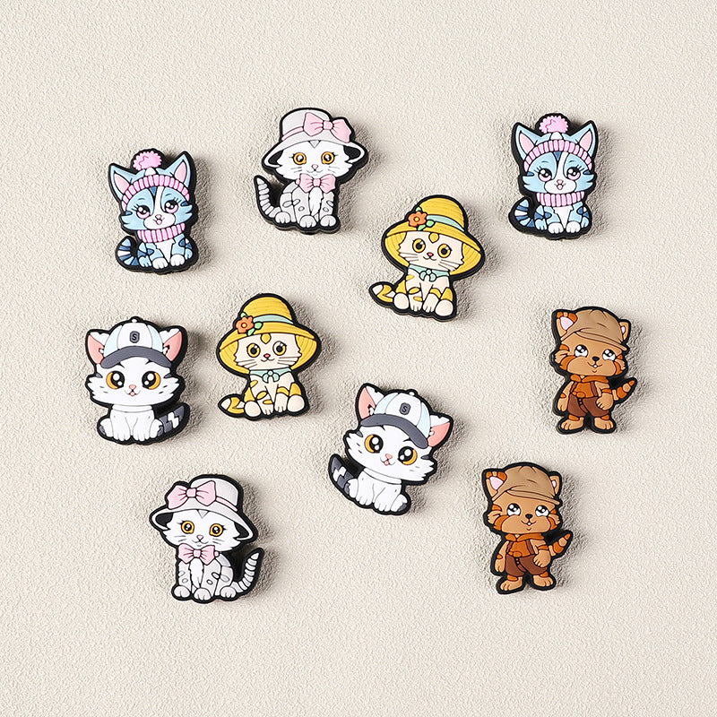 Silicone Focal Beads Cat Wearing Various Hats Front View Smiling Face 20pcs